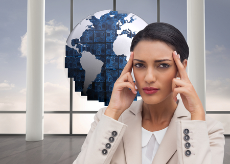Composite image of young businesswoman putting her fingers on her temples on white background
