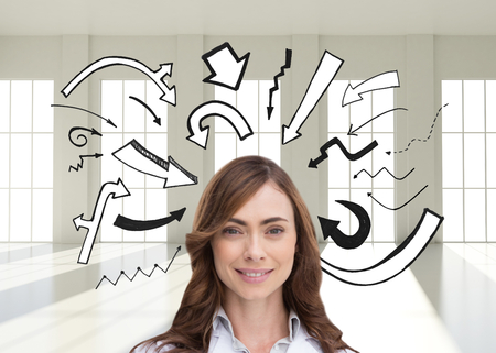 Composite image of portrait of female nurse holding out open palm against white backgroundの写真素材