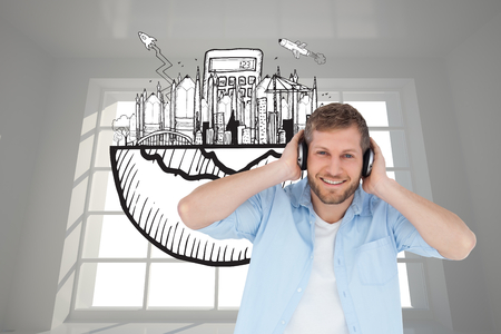 Composite image of trendy model on white background listening to music and looking at cameraの写真素材