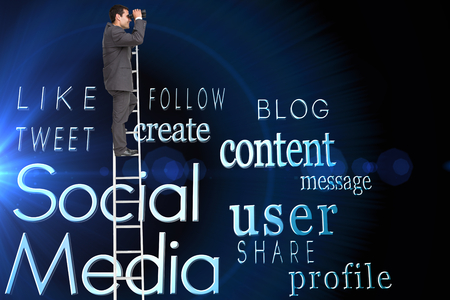 Composite image of businessman standing on ladder using binocularsの写真素材