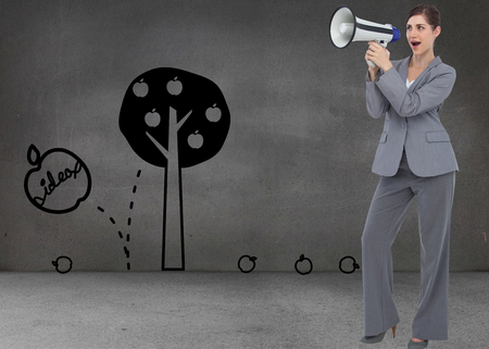 Composite image of businesswoman with loudspeakerの写真素材