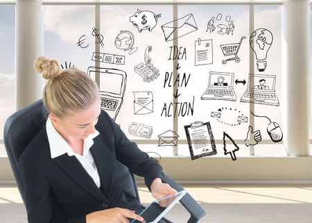 Composite image of blonde businesswoman sitting on swivel chair with tabletの写真素材