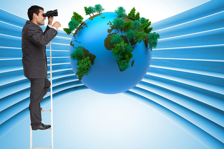 Composite image of businessman standing on ladder holding binocularsの写真素材