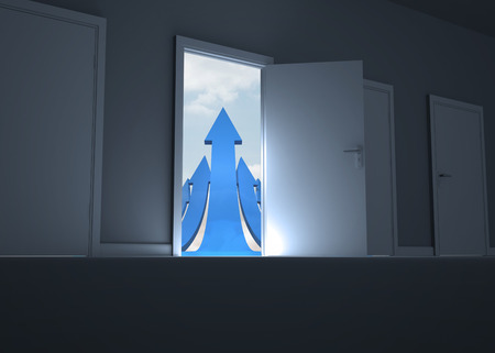 Door opening to show blue arrowsの写真素材