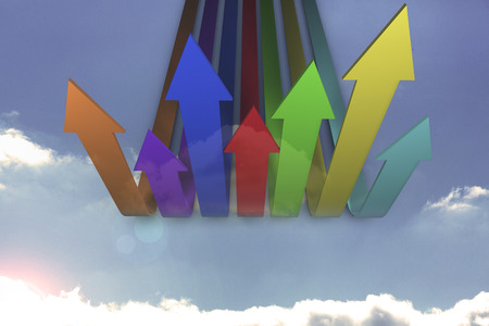 Colourful arrows pointing up against sky