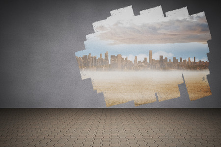 Display on wall showing cityscapeの写真素材