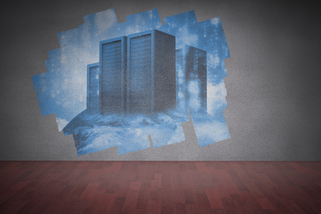 Display on wall showing server towersの写真素材