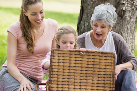 Grandmother mother and daughter with picnic basket sitting at the park