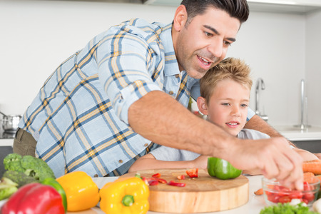 Handsome father showing his son how to prepare vegetables at home in kitchenの写真素材