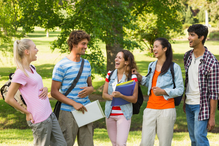 Group of cheerful college friends standing in the campus
