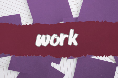 The word work against purple paper strewn over notepadの写真素材