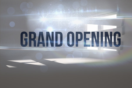 The word grand opening against digitally generated room with bordered up windowの写真素材