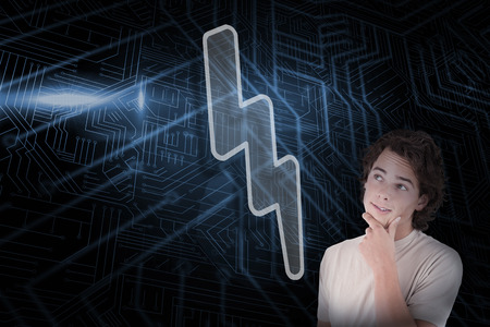 Composite image of lightning bolt and casual thinking man against futuristic black and blue backgroundの写真素材
