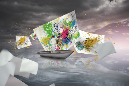 Composite image of thinking businesswoman in a sailboat in heavenly water and skyの写真素材