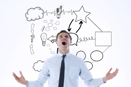 Shouting businessman against idea flowchart doodle
