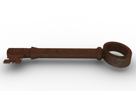 Digitally generated rusty old key on white backgroundの写真素材