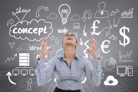 Composite image of furious businesswoman gesturing against grey roomの写真素材