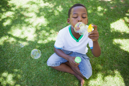 Little boy blowing bubbles in the park on a sunny dayの写真素材
