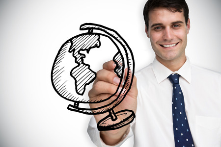 Composite image of businessman drawing globe against white background with vignetteの写真素材