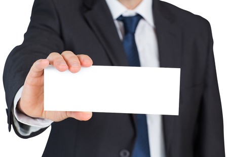 Mature businessman showing blank card on white backgroundの写真素材