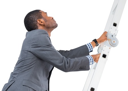Businessman climbing up ladder on white backgroundの写真素材