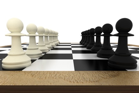White and pawns facing off on board on white backgroundの写真素材