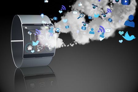 Futuristic black wristwatch with clouds and apps on black backgroundの写真素材
