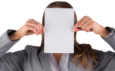 Businesswoman showing a blank card on white backgroundの写真素材