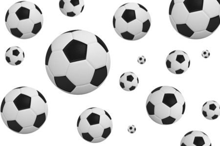 Black and white footballs on white backgroundの写真素材