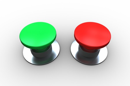 Red and green push buttons on white backgroundの写真素材