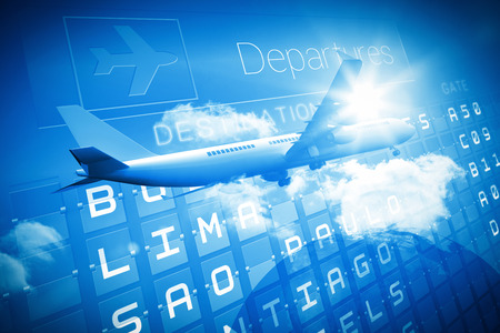 Travel and tourism collage with airplane against bright blue sky with cloudsの写真素材