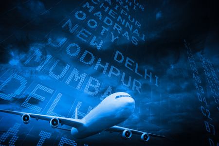 Travel and tourism collage with airplane against blue sky with cloudsの写真素材