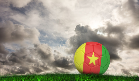 Football in cameroon colours against green grass under grey skyの写真素材