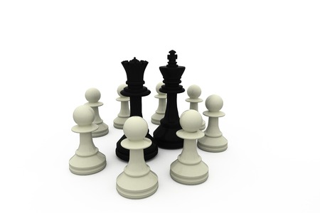 Black king and queen surrounded by white pieces on white backgroundの写真素材