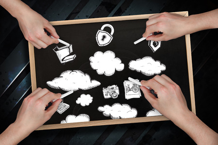 Composite image of multiple hands drawing clouds with chalk on blackboard