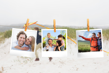 Composite image of instant photos hanging on a line against little boy on the beachの写真素材