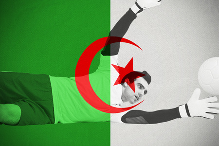 Goalkeeper in white making a save against algeria national flagの写真素材
