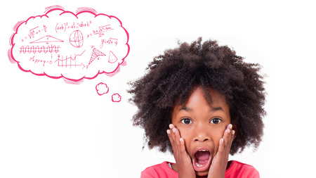 Math in thought bubble against shocked little girl