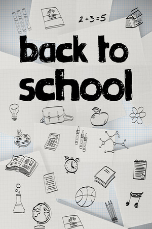 Back to school message against white paper strewn over gridの写真素材