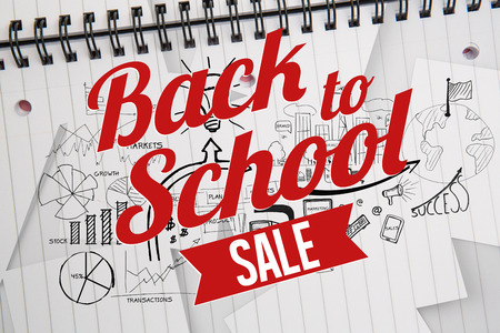 Back to school sale message against brainstorm doodles on notepad paperの写真素材