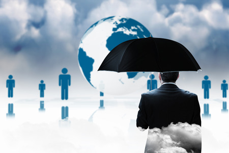 Mature businessman holding an umbrella against human figures surrounding earth graphic