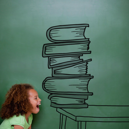 Stack of books doodle against cute pupil shoutingの写真素材