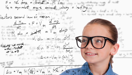 Cute pupil smiling against rocket science theory