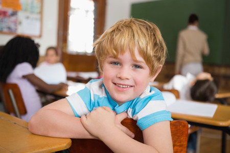 Smiling pupil sitting at his desk at the elementary schoolの写真素材