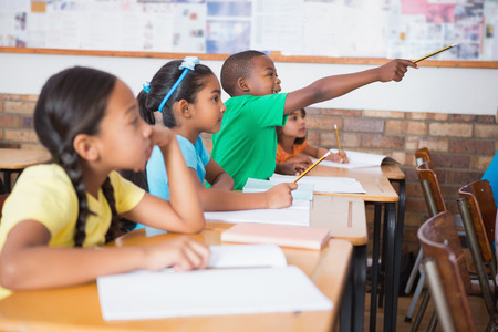 Cute pupil raising hand in classroom at the elementary schoolの写真素材