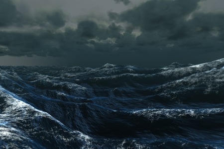 Digitally generated rough blue ocean under dark skyの写真素材