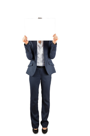 Businesswoman holding card over face on white backgroundの写真素材