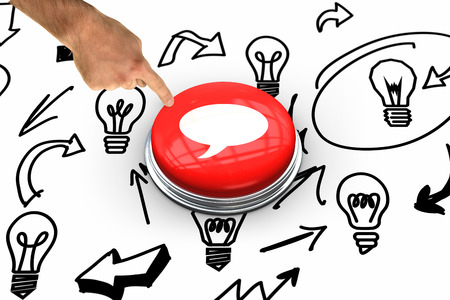 Hand pointing against speech bubble on white graphic backgroundの写真素材