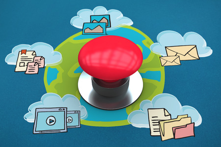 Digitally generated red push button against cloud computing doodleの写真素材