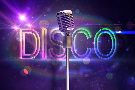 Retro microphone on stand against digitally generated colourful disco textの写真素材